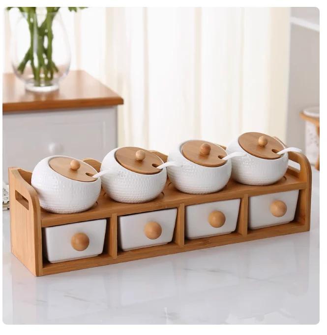 Стеклянный набор баночек для специй Контейнер Кухонные аксессуары Керамический набор баночек для приправ Керамическая коробка для чая Деревянный держатель-стойка Солонка