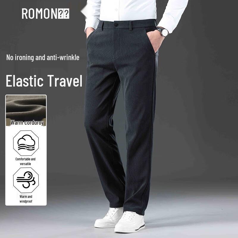 ROMON Men's Warm Corduroy Straight-Leg Business Casual Trousers