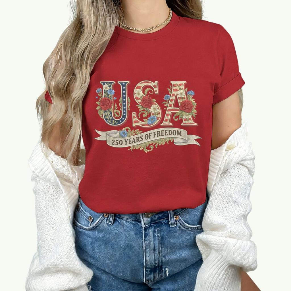 Causal 250th Anniversary Floral USA T-Shirt Women Retro Patriotic Rose Daisy Flowers Tee Fashion Independence Day 2026 Shirt