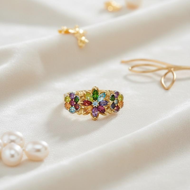 Vintage Inlaid Multi-color Synthetic Zircon Flower Style Gold Color Ring for Women's Banquets Parties Jewelry Accessories Gifts