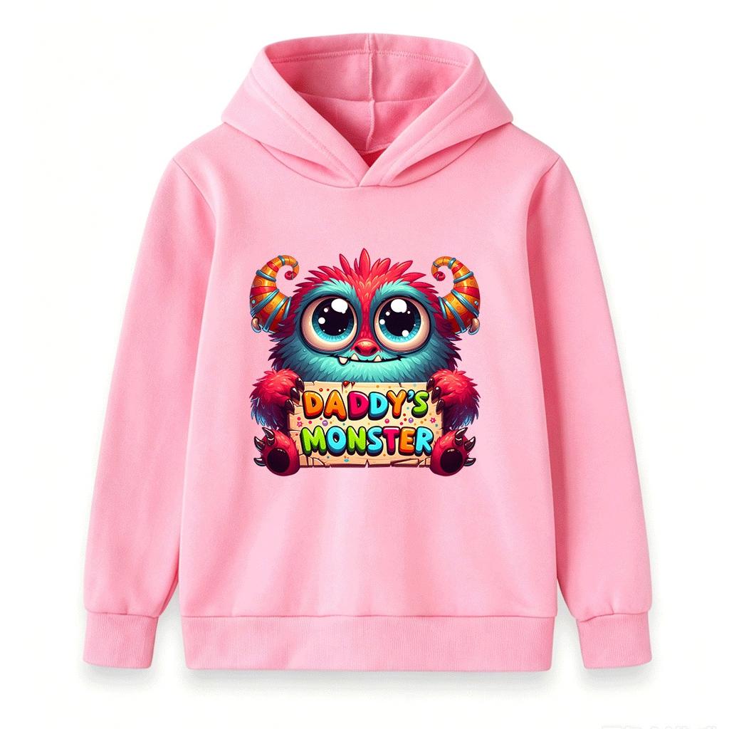Kids Boys Girls Hoodie Sweatshirt, Cute Fluffy Monster Daddys Monster Pattern Pullover Hooded Top, Soft Casual Long Sleeve Clothes Children Daily Wear