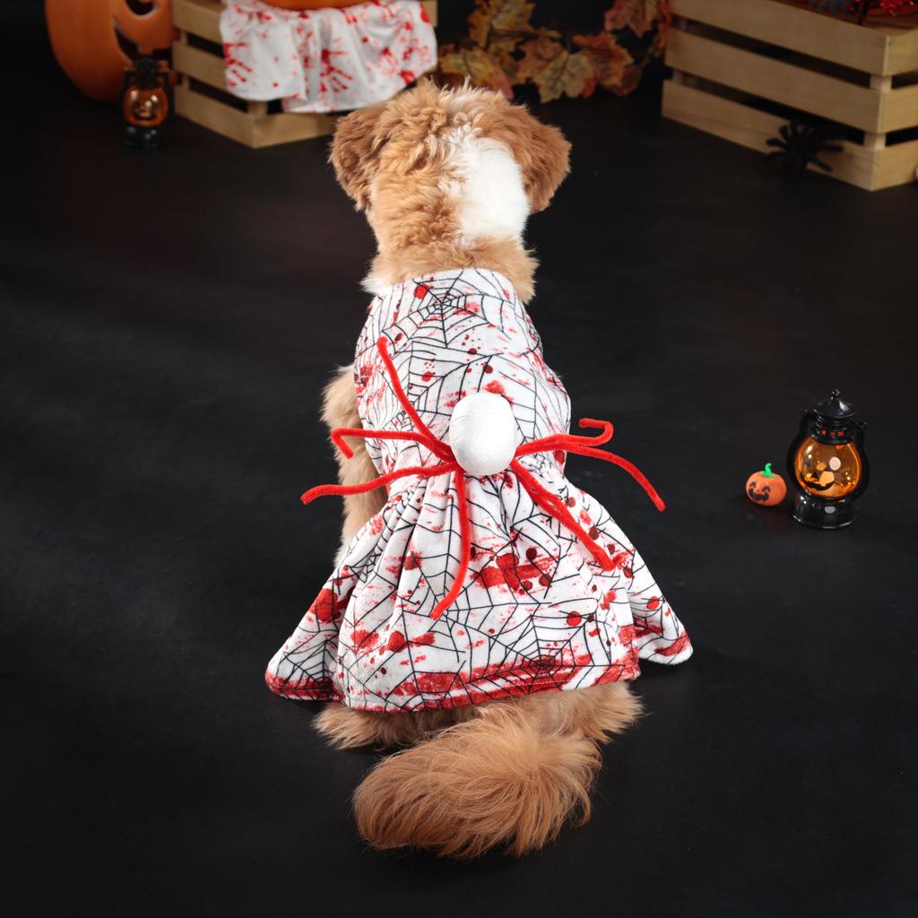 Halloween Dog Dress, Bloody Spider - Web Print Outfit with Skull Headpiece, Spooky and Adorable Dress for Small Dogs Cats Pets