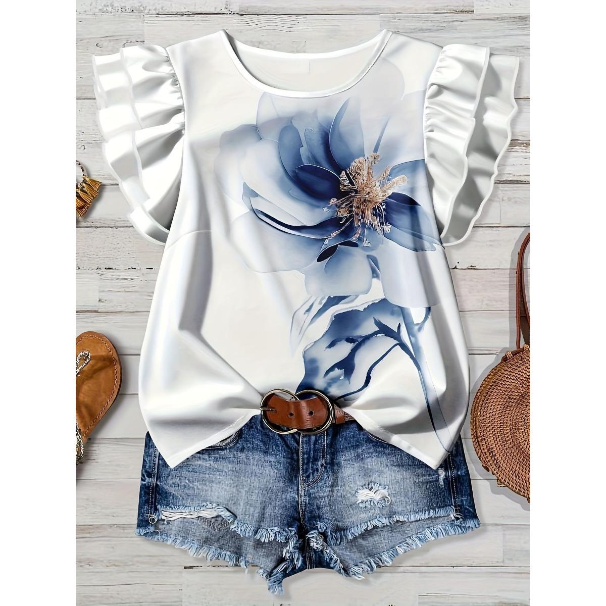 Summer Women s Casual Floral Print T-shirt, Fashion Crew Neck Versatile Top For Europe America Cross Border 1XL