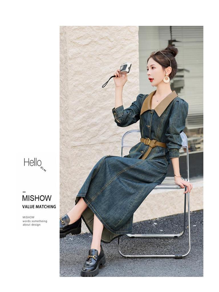 Autumn 2023 Retro Denim A-line Dress: Women's Long Sleeve, Waist-Slimming, Medium Length, Lapel Style