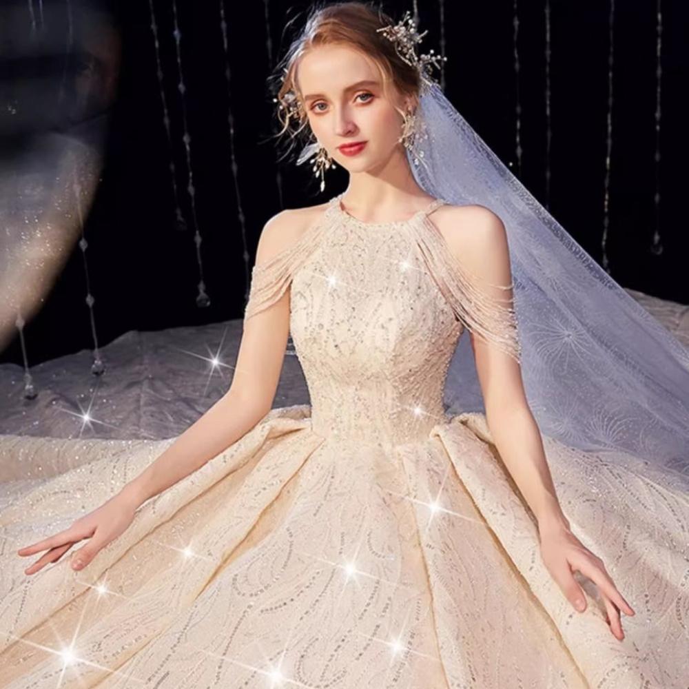 French Vintage Wedding Dress - Luxe Princess Ball Gown with Heavy Embroidery, Cathedral Train Bridal Dress