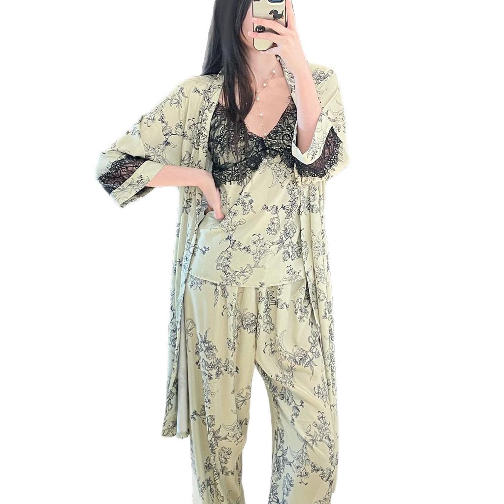 New Chinese retro dark flower ice silk suspender trousers nightgown three-piece set lace with chest pad ice breathable loungewear