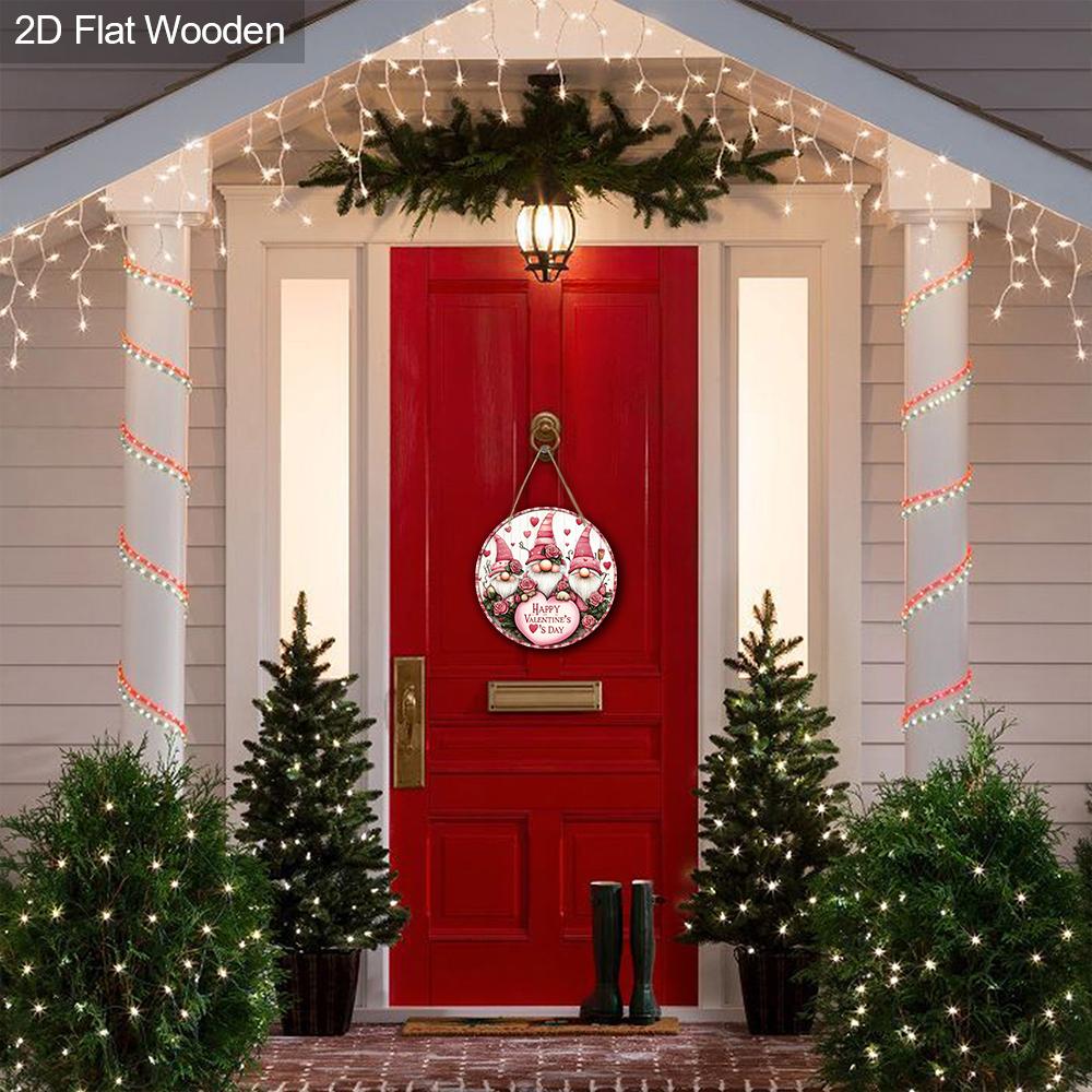 Pink Valentine's Day Wooden Sign with Adorable Gnomes Pattern - Romantic Round Sign for Front Door Wall Hanging Decor - Ideal Gift for Valentine