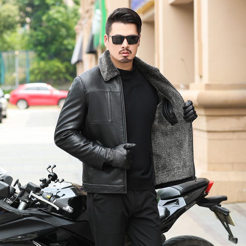 

Fur-in-one мужская новая зимняя новая бархатная утолщенная стойка воротник мужская кожаная куртка среднего возраста простая кожаная куртка 4XL