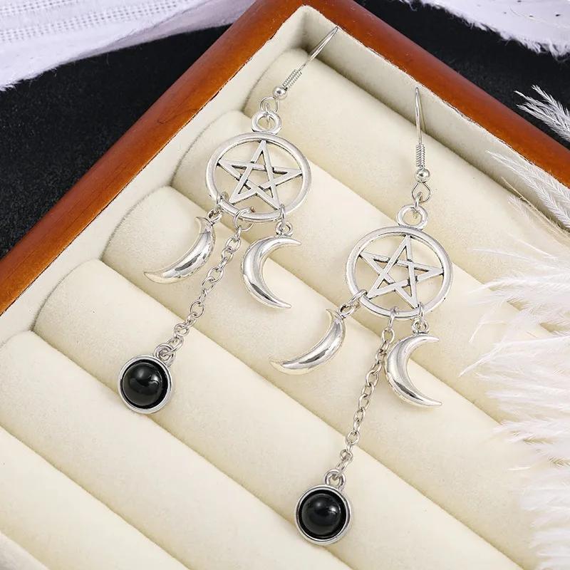 New Gothic Pentagram Crescent Purple Crystal Earrings For Women Fashion Multicolour Moonstone Jewelry Party Accessories Gifts