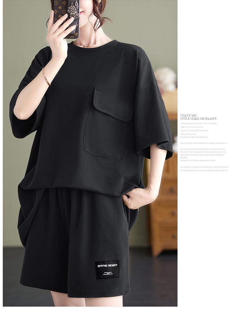Women's Fashionable European Style Short-Sleeved Two-Piece Suits with Pockets, Plus-Size, Slimming Shorts, Casual Design.