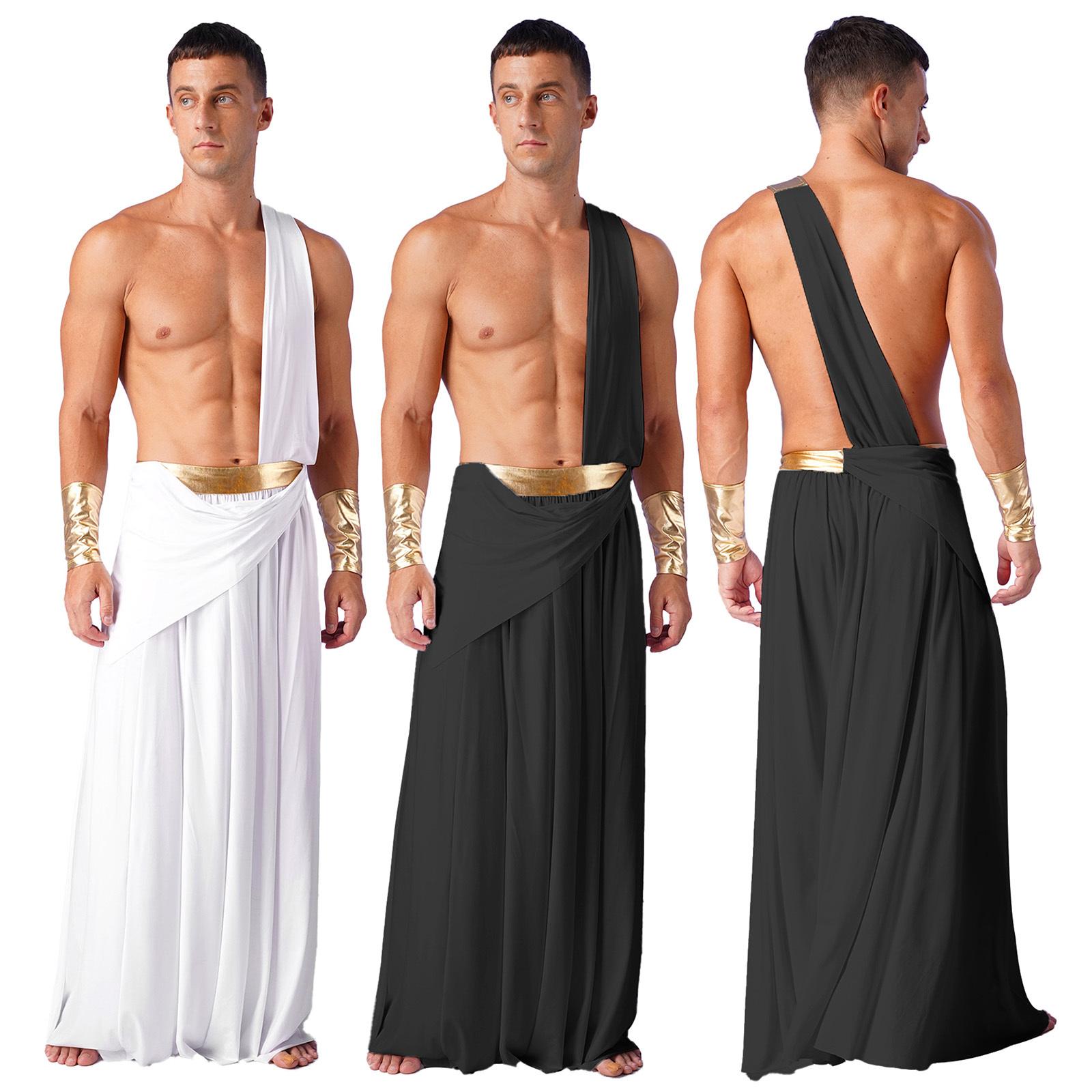 

Mens Ancient Greek Warrior Costume Long Skirt One Shoulder Strap Wristbands Roman Toga Halloween Outfit S білий