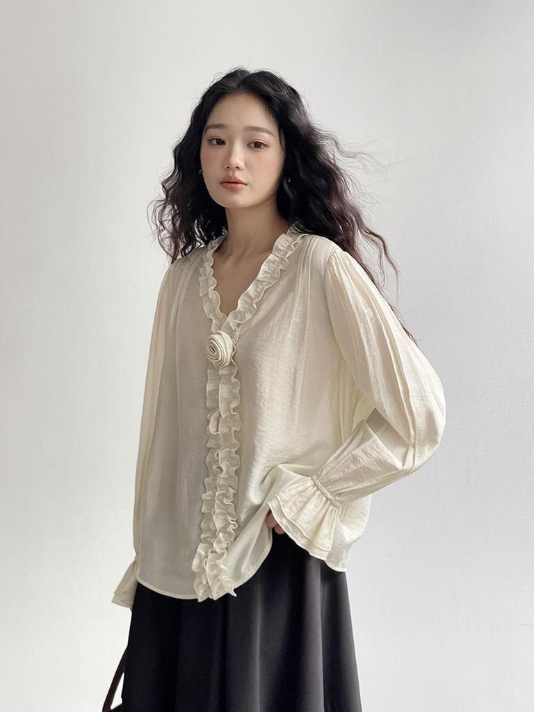Camisa Feminina Ge Ming com Flores 3D e Manga Sino - Top Retro Francês de Primavera