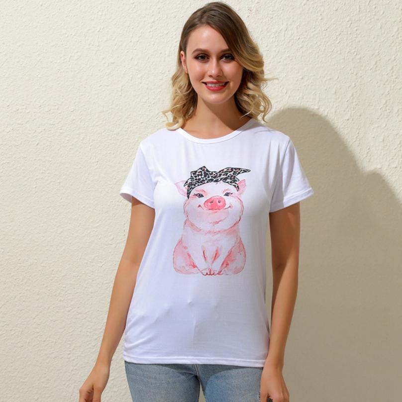 Women Exquisit Summer Women's Tops White Square Print Cartoon Leopard Piglet Print Women's T-shirt
