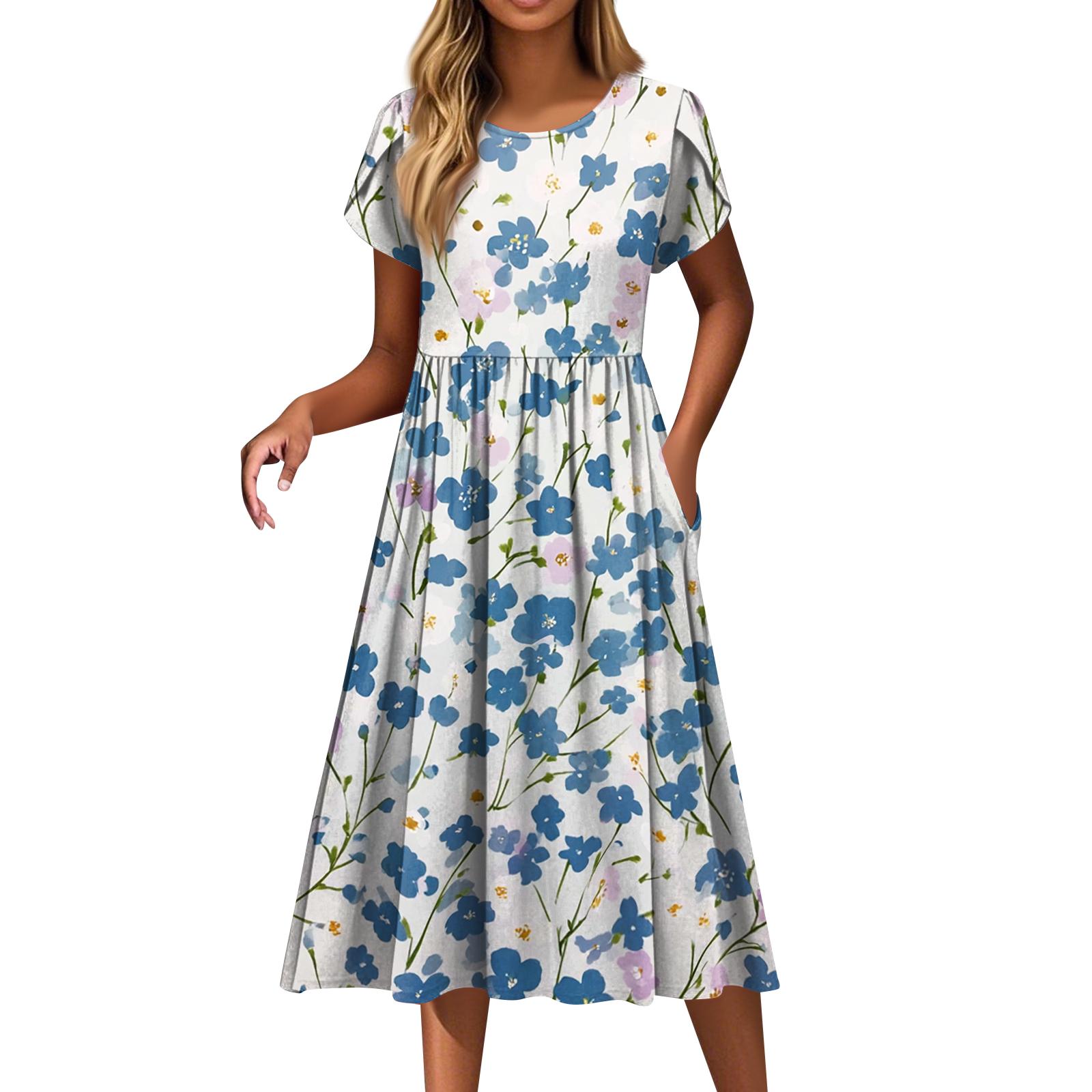 Women s Fashion Casual Loose Floral Print Round Neck Pocket Short Sleeve Dress M синий