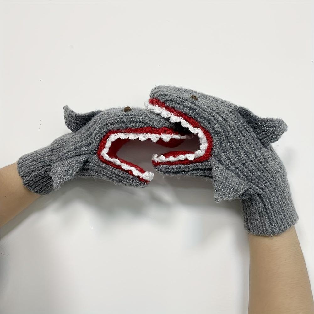 Grey Shark Knit Gloves Coldproof Elastic Mittens Cute Cartoon Animal Warm Gloves For Women Men Autumn & Winter