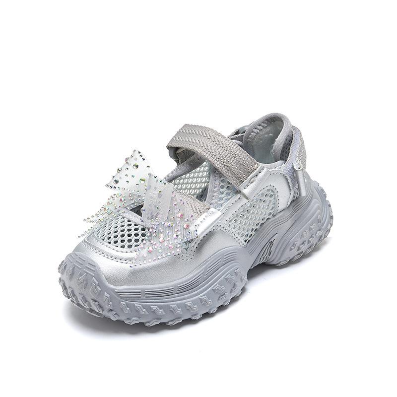 Kids Sports Sandals Casual Mesh Breathable Girls Princess Shoes Shiny Lace Bow 2025 Summer Children Running Shoes Non-slip Trend