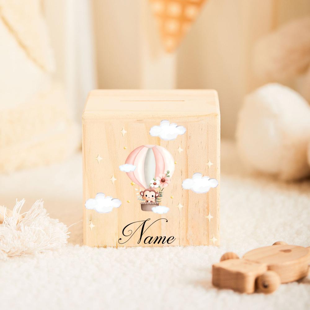 Customized name wooden piggy bank animal with hot air balloon pattern piggy bank personalized antique style gift