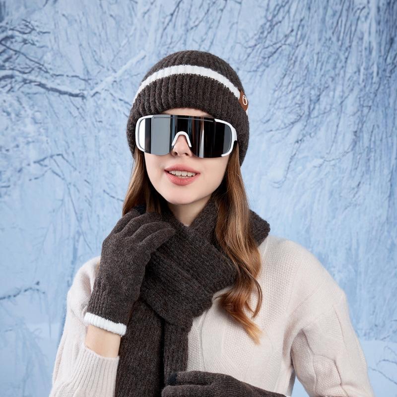 Kvinnor Höst Vinter Varm Tjocka Öronskydd Mössa Kall Utomhuscykling Stickad Mössa Set Söt Söt Mössa Scarf Handskar Tredelad Set