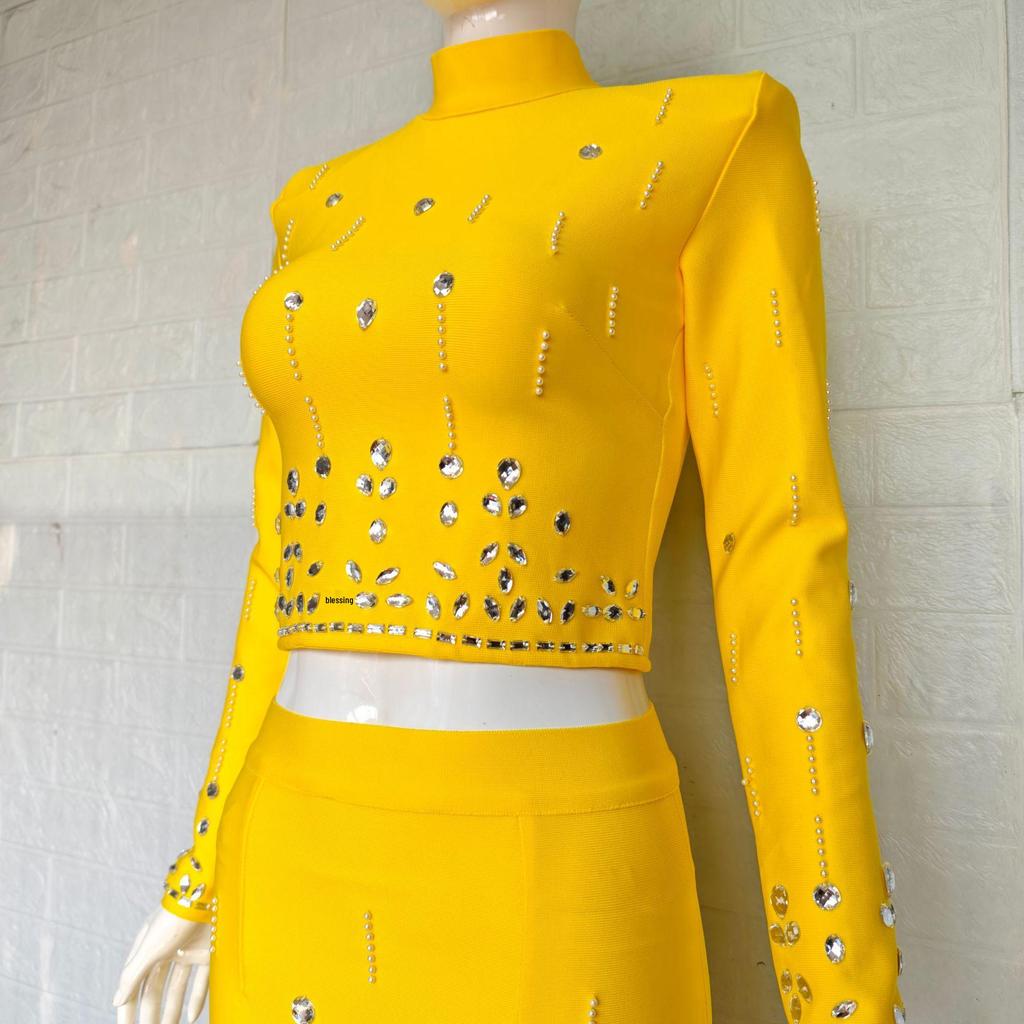 Chic French Socialite Rhinestone Bandage Top & Hip-Hugging Midi Mini Skirt Set