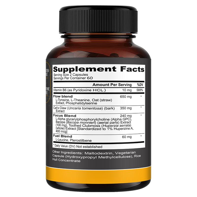 L-Tyrosine And L-Theanine Supplement, With Vitamin B6 Cat'S Claw Extract, 120 Capsules