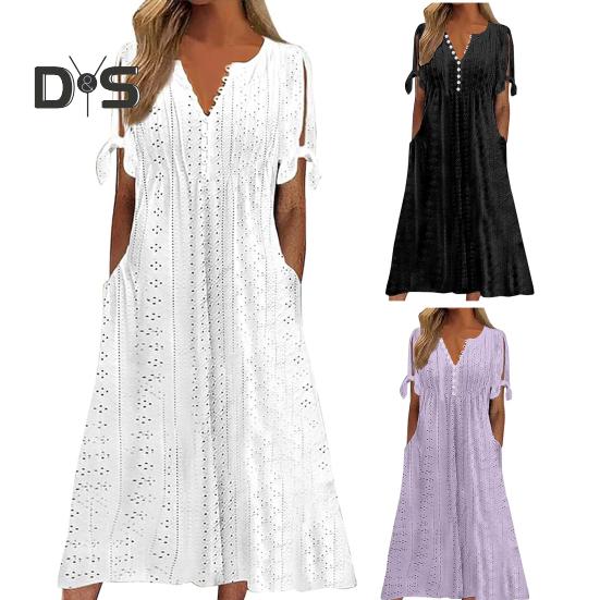 Women's Summer Maxi Dress Boho Eyelet Button V Neck Tie Knot Short Sleeve Midi Dress Summer Beach Vacation Sundress