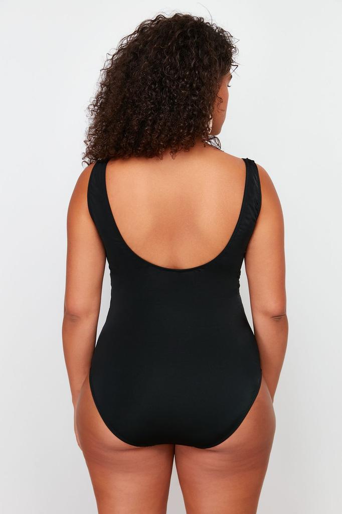 Costum de baie negru cu gât pătrat pentru femei, mărime plus