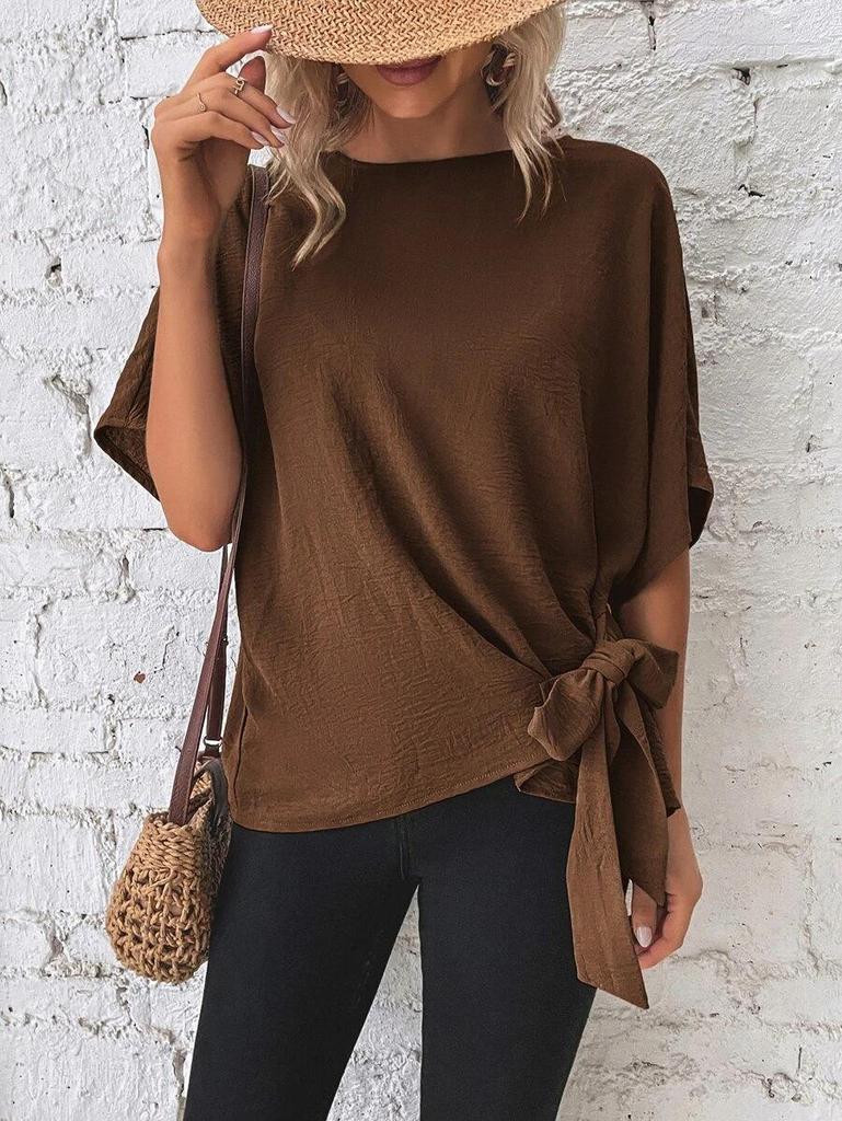 Summer Women's Solid Color Batwing Sleeve Knot Hem Loose T-shirt