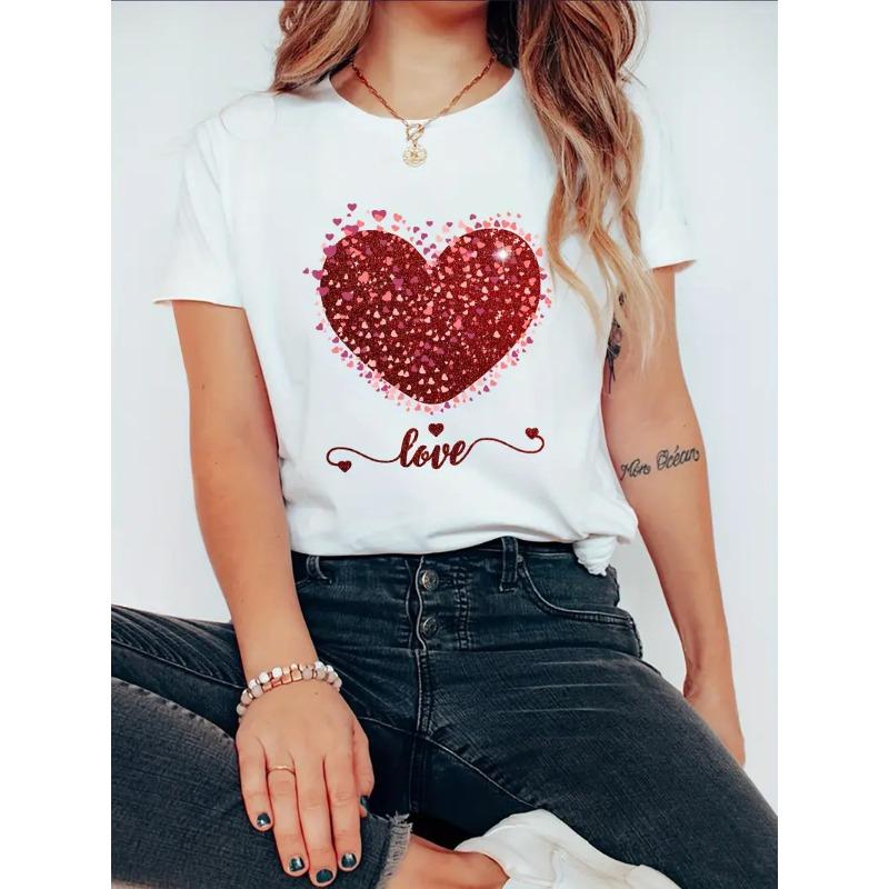 Women's Short Sleeved Valentine's Day Love 3D Printed Simple and Personalized Round Neck T-shirt