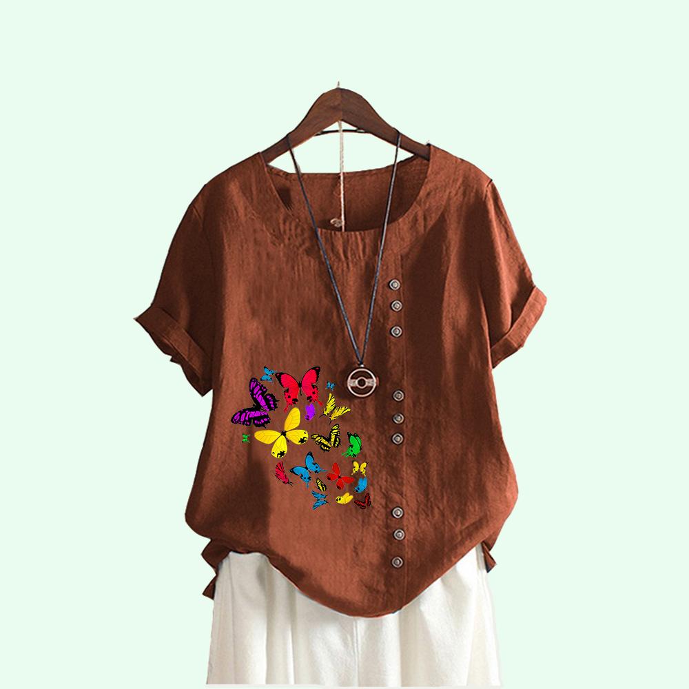 Women Fashion Butterfly Print Short Sleeve T-shirt Summer Casual Round Neck Pullover Loose Cotton Linen Blouses