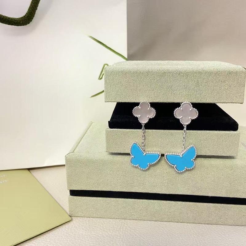 Vysoce kvalitní náušnice čtyřlístek s přezkou, dvojitý květ, perleť, modrý tyrkys, klasické dámské, motýlkové, univerzální, jednoduché náušnice