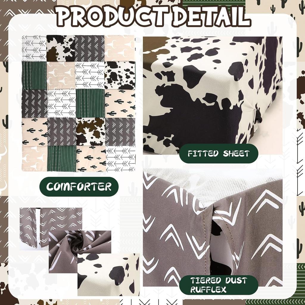 3 Piece Patchwork Crib Bedding Set, Neutral Cow Cactus Print Baby Bedding, Barnyard Western Nursery Decor, Standard Size Soft Baby Bed Set Includes