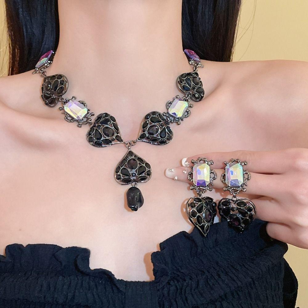 Hollow Out Heart Rhinestone Necklace Crystal Pendant Heart Drop Earrings Necklace Earrings  Party