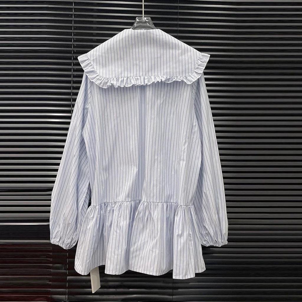 2026 Spring Women's Striped Sailor Collar Shirt Dress with Lace