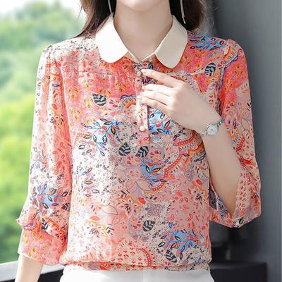 Elegante, modieuze blouse met print en ruches van chiffon, geschikt voor de lente en zomer, met polokraag en driekwartmouwen, casual en losvallend model.