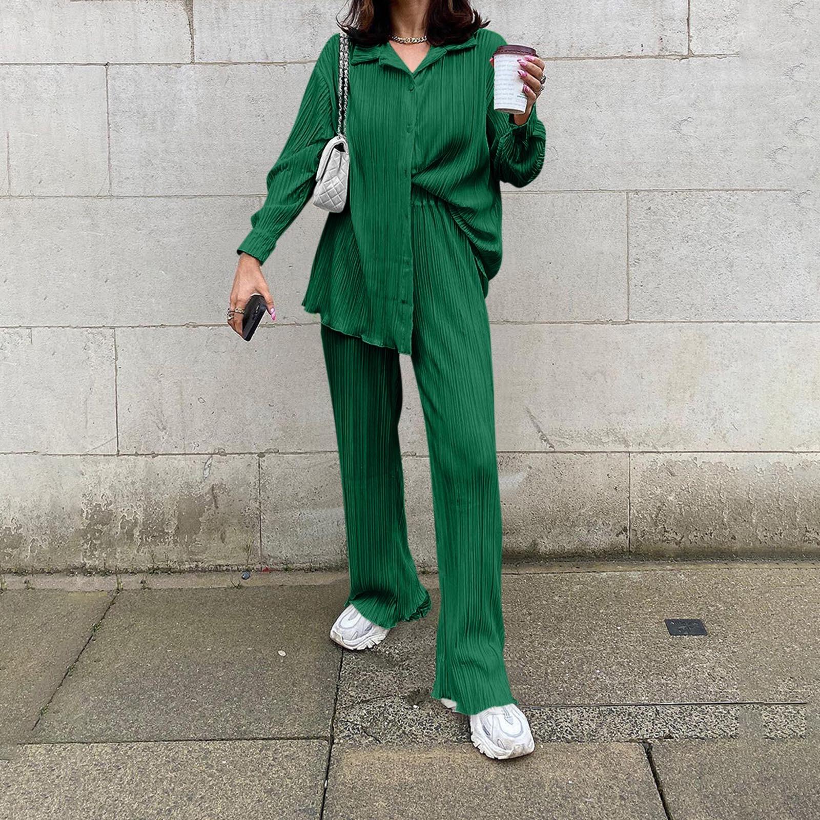

Женская однотонная драпированная рубашка на пуговицах с длинными рукавами и высокой талией, длинные брюки, повседневный комплект XXL темно-зеленого