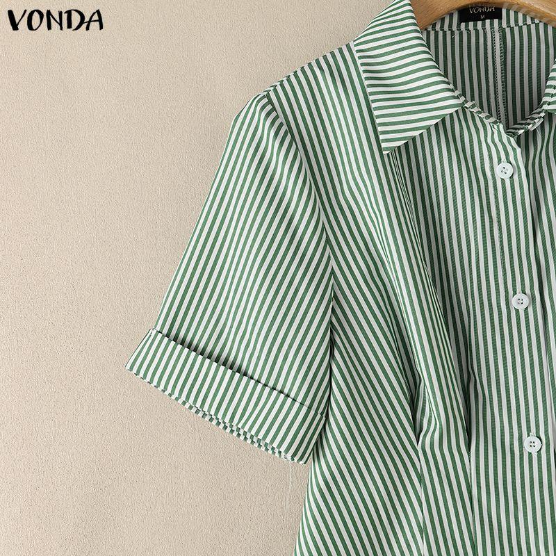VONDA Robe Chemise Mini Rayée Décontractée à Manches Courtes et Col Revers d'Été pour Femme
