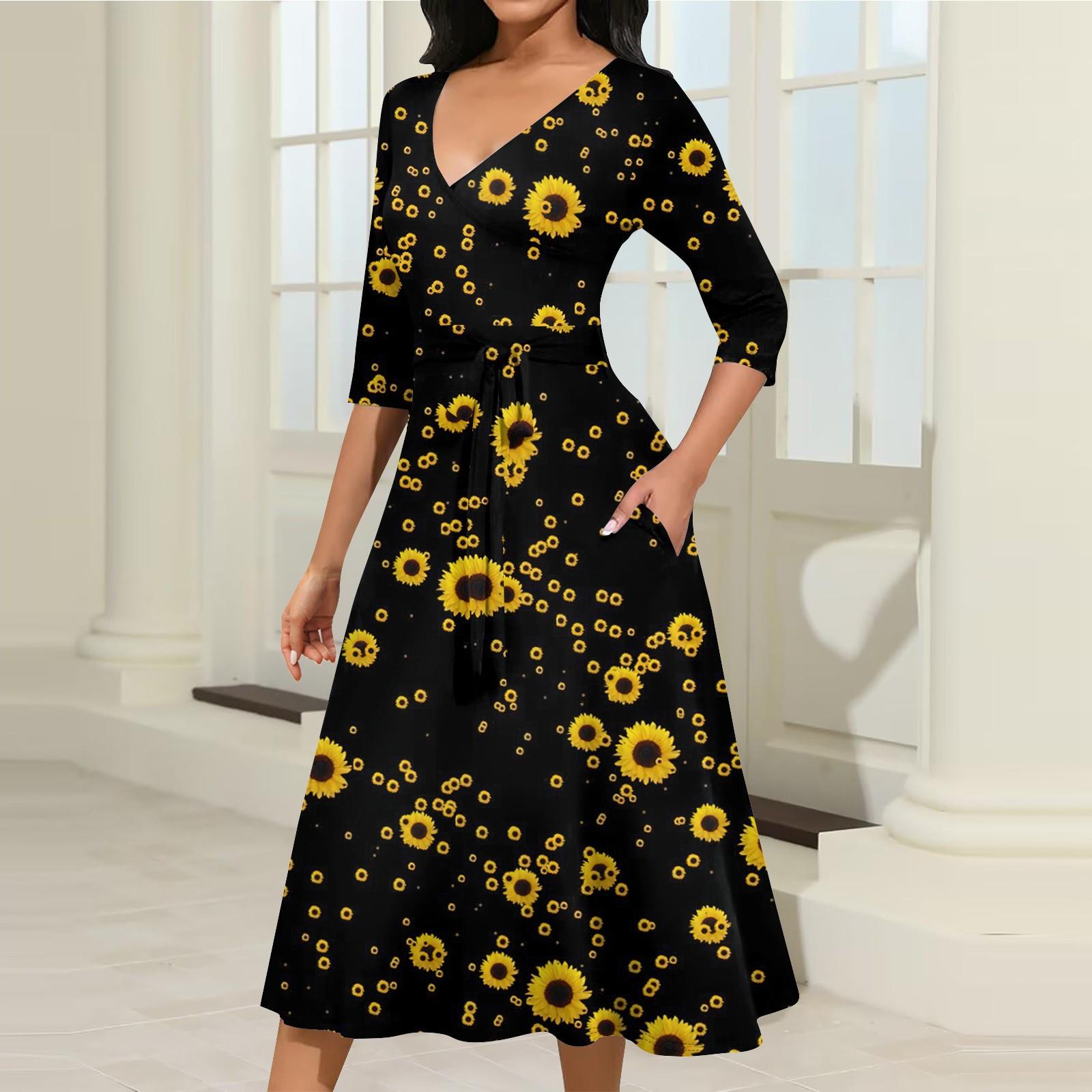 

Женское повседневное модное платье миди с V-образным вырезом и рукавом три четверти XL жёлтый