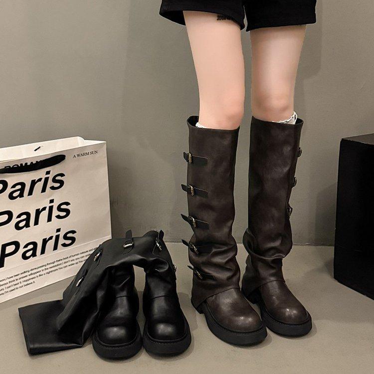 Maillard But Knee Boots Women's 2025 New Autumn Retro Stacking Pants Tube Boots Thick Heel Tall Knight Boots