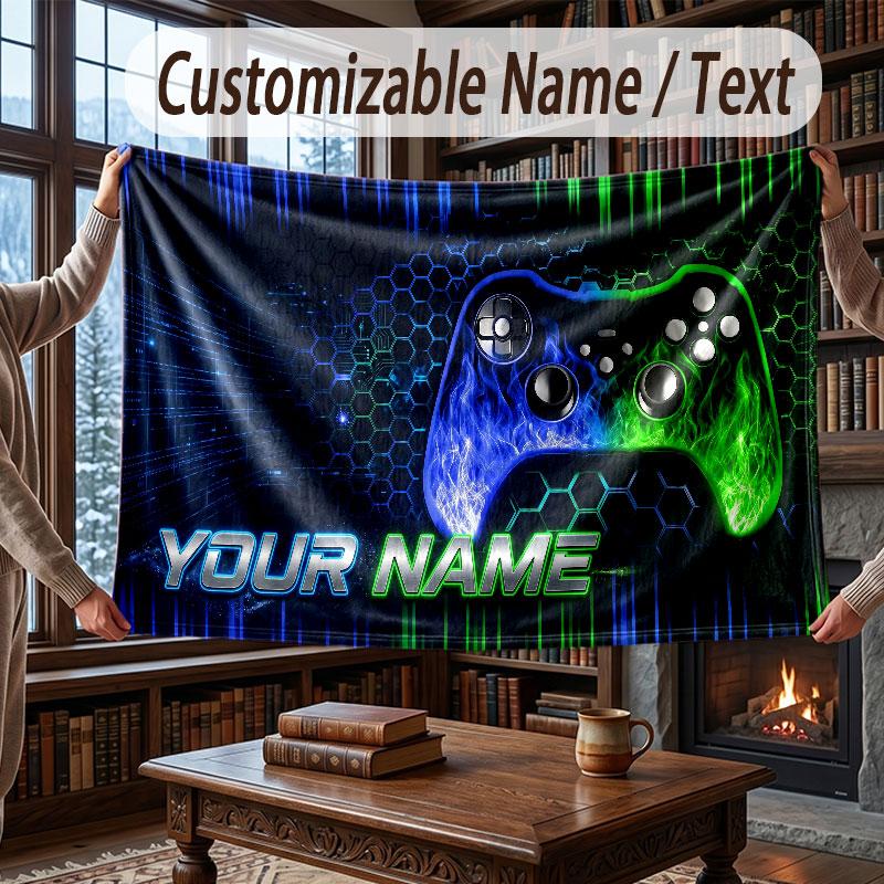 Game Controller Theme Throw Blanket Custom Name Text Personalized Blanket Soft Cozy Blanket for Home Sofa Bed