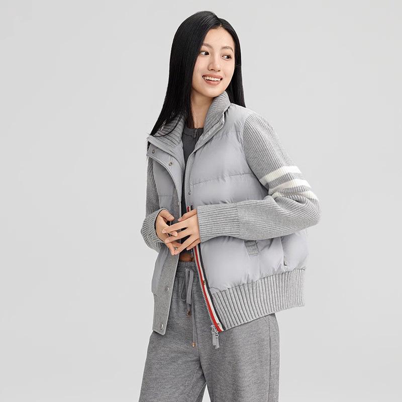 Knitted splicing light and thin down jacket women's 2024 winter fashion contrasting color striped stand-up collar casual white duck down jacket