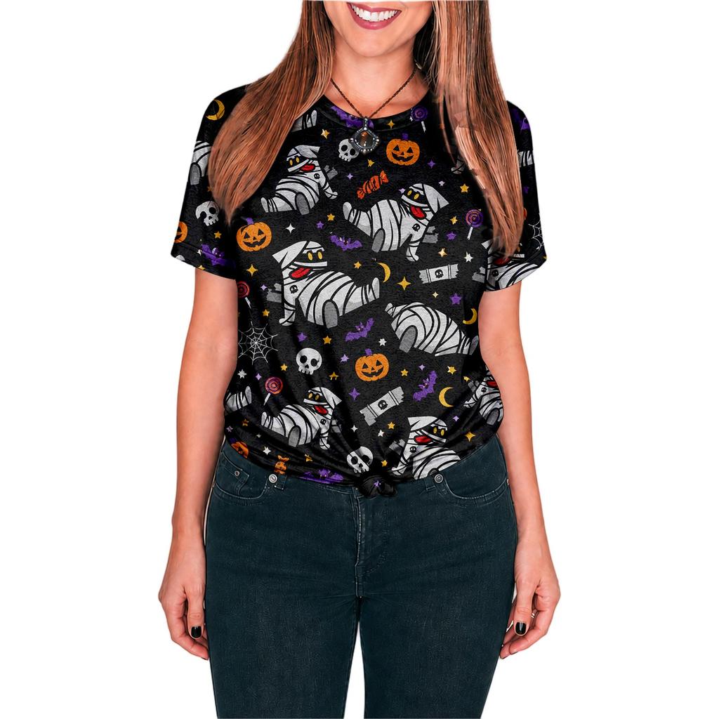 Halloween All Over Print T Shirt, Cute Pumpkin Graphic Tee for Women Men