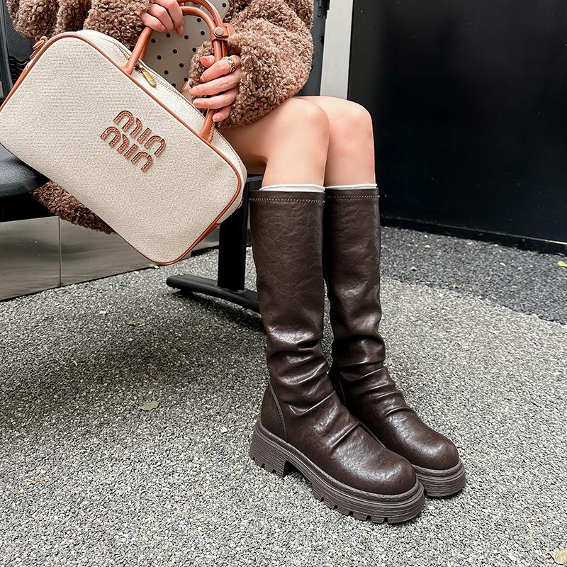 ~ Autumn and winter new thick-soled thick-heeled pleated medium and high elastic stacking boots women's knee boots