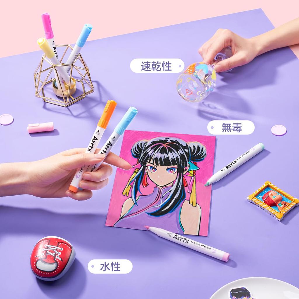 Arrtx 60 Colors Acrylic Paint Acrylic Markers with Flexible Brush Tips for Rock Paint Marker Fabric Waterproof Art Markers for DIY Craft Making Pens,