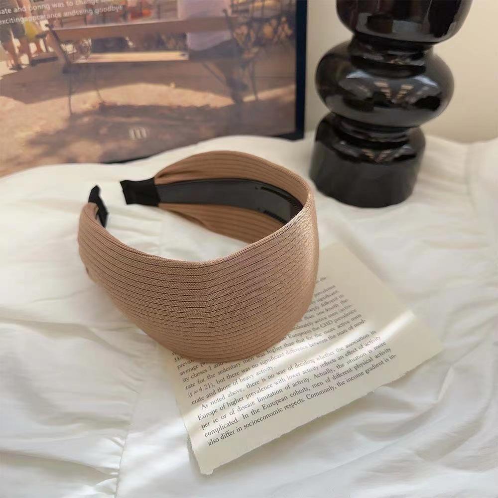 Retro French Wide Skull Top Sponge Headband for Women - Milk Coffee Color Hair Accessory
