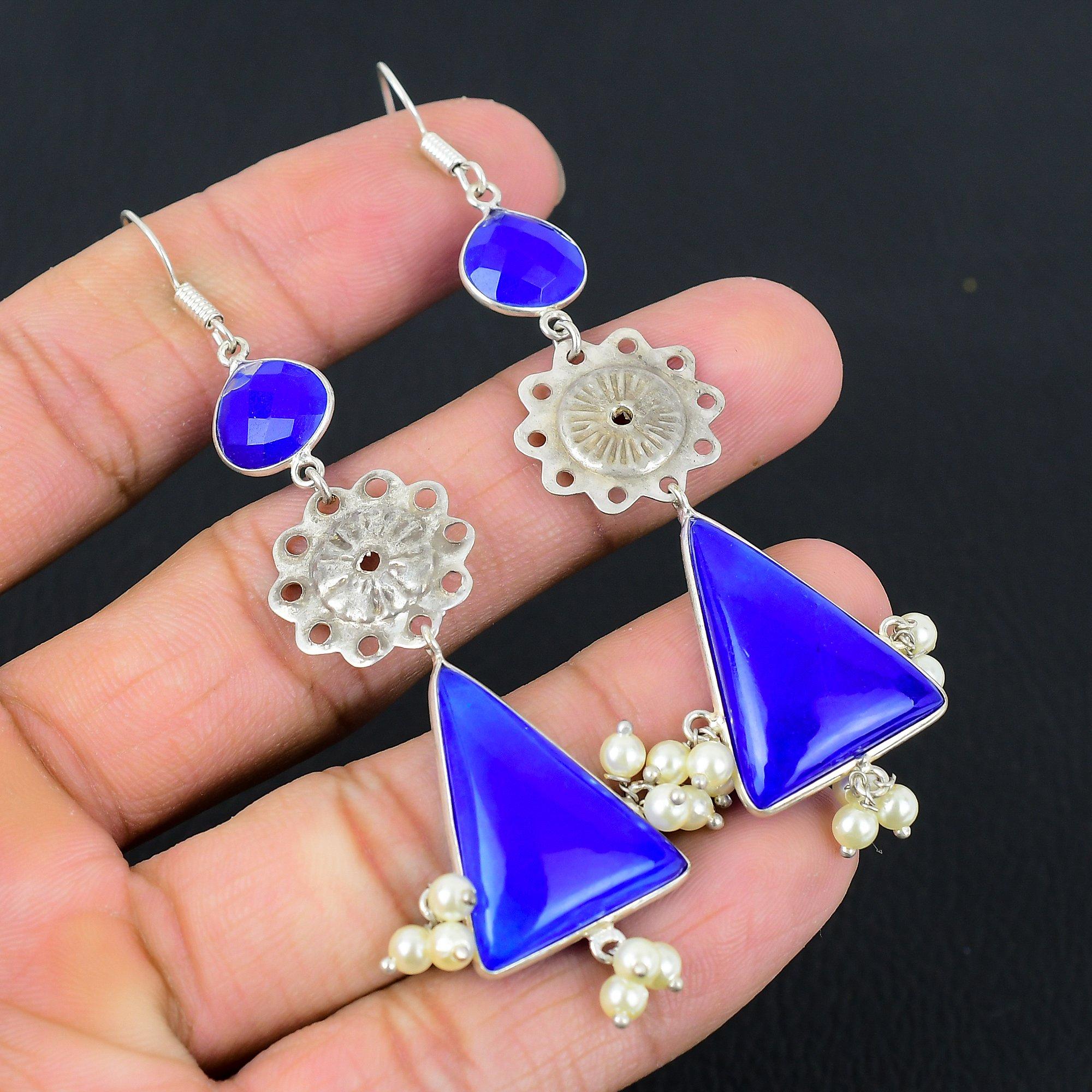 

Daughters Day Sale Blue Sapphire Stone 925 Silver Boho Dangling Earrings Jewelry