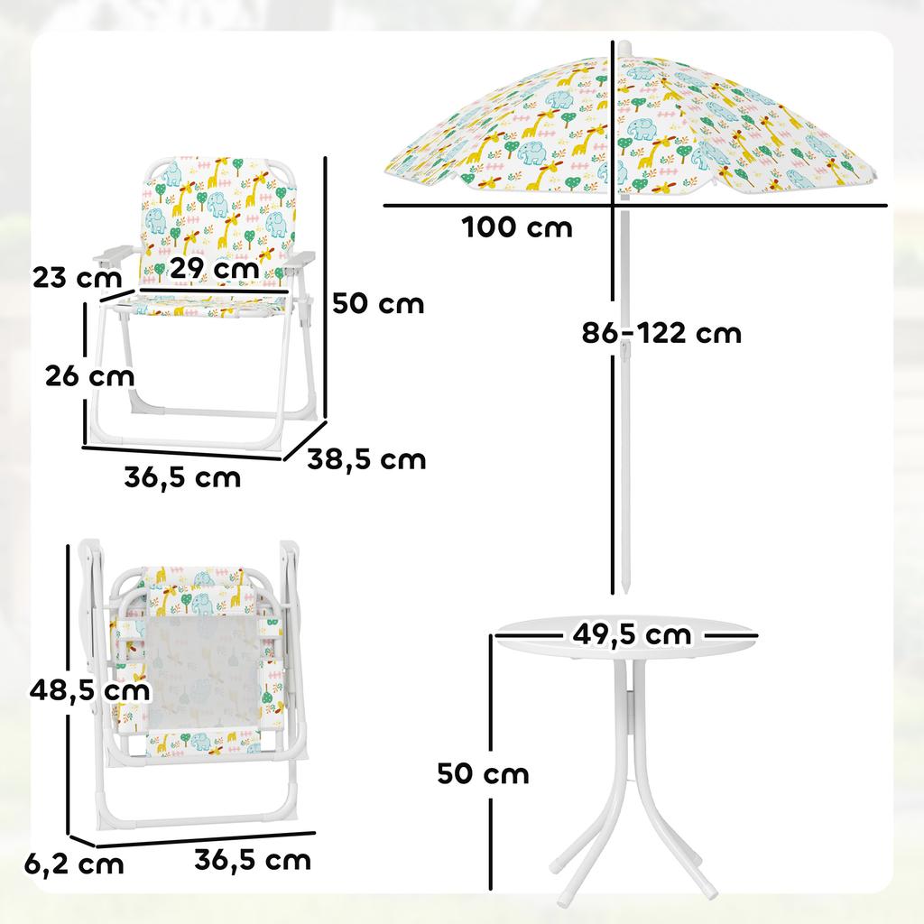 Kids' Seating Corner, Folding Chair Seat Set with Parasol, Colorful Pattern, White
