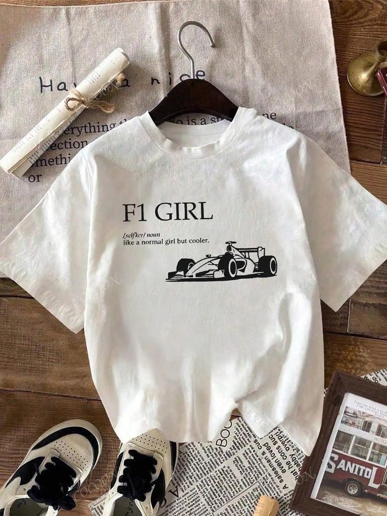 Women's Casual Retro Cool Girl F1 Racing Printed Round Neck Short Sleeved T-Shirt Daily White T-Shirt Women Clothing