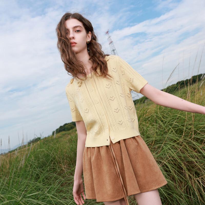 Sancai Women's Round Neck Short Sleeve Knit Cardigan