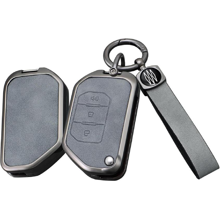 SANRILY Gray Metal Leather 3 Button Flip Key Fob Cover Fit for Jeep Wrangler JL JLU Gladiator JT Rubicon Sahara JLU 2018-2022 Keyless Key Holder with