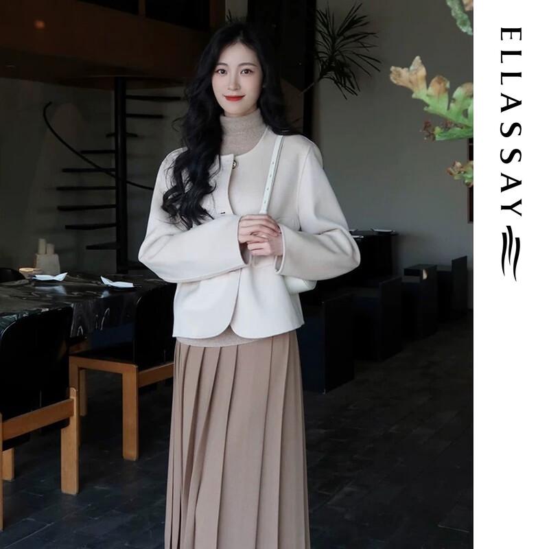 ELLASSAY 2026 Summer Solid Wrap Pleated A-line Midi Skirt